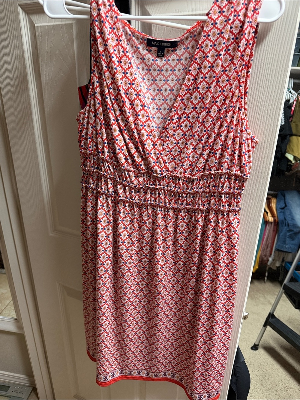 Max Edition Red and White Sleeveless Smocked Waist Midi Dress